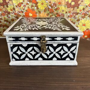 Vintage Y2K Handpainted Floral Black and White Wood Box